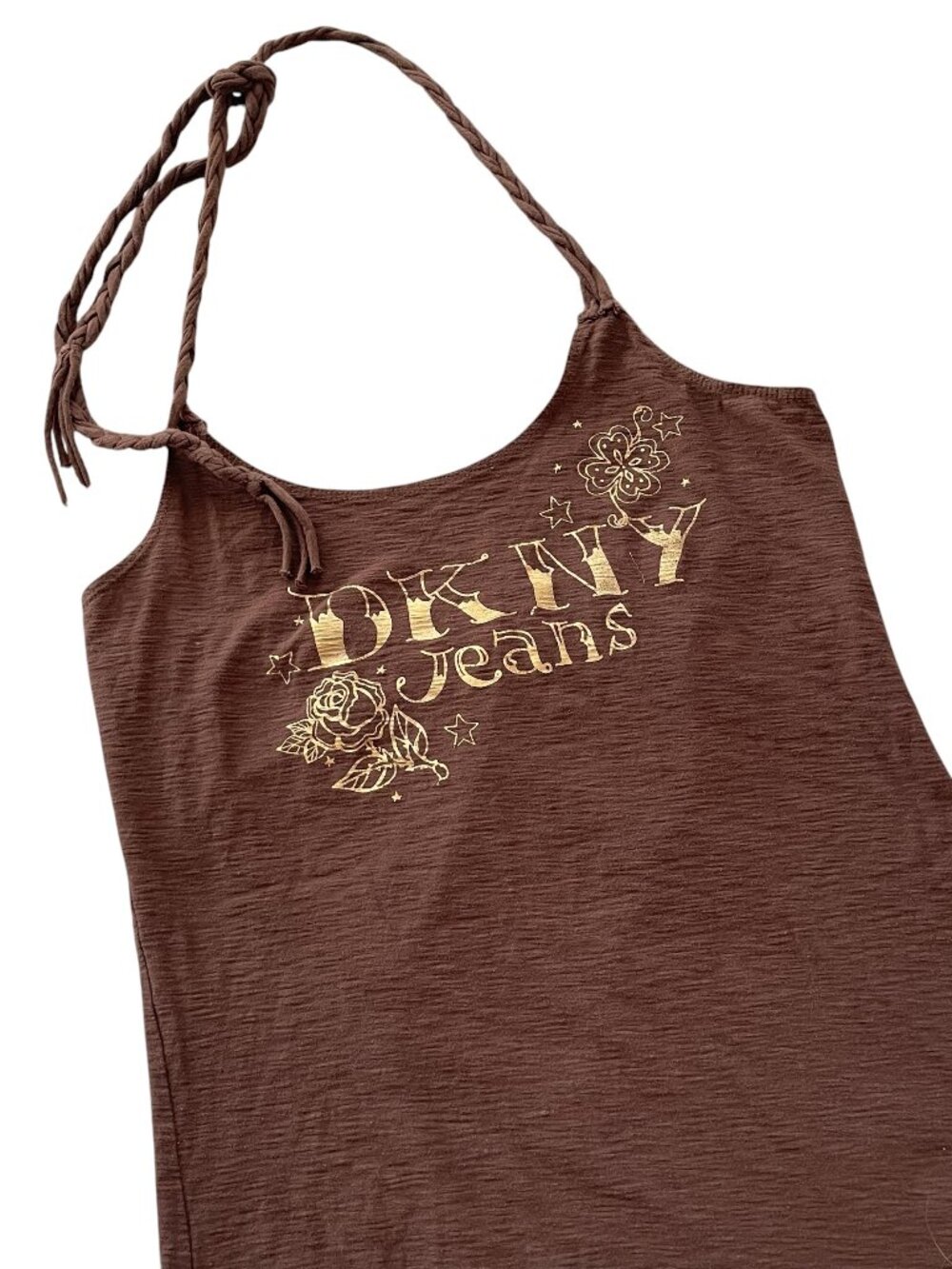 Vintage Y2K DKNY Halter Tank Top Medium M Brown Gold Roses Grunge Tattoo Print